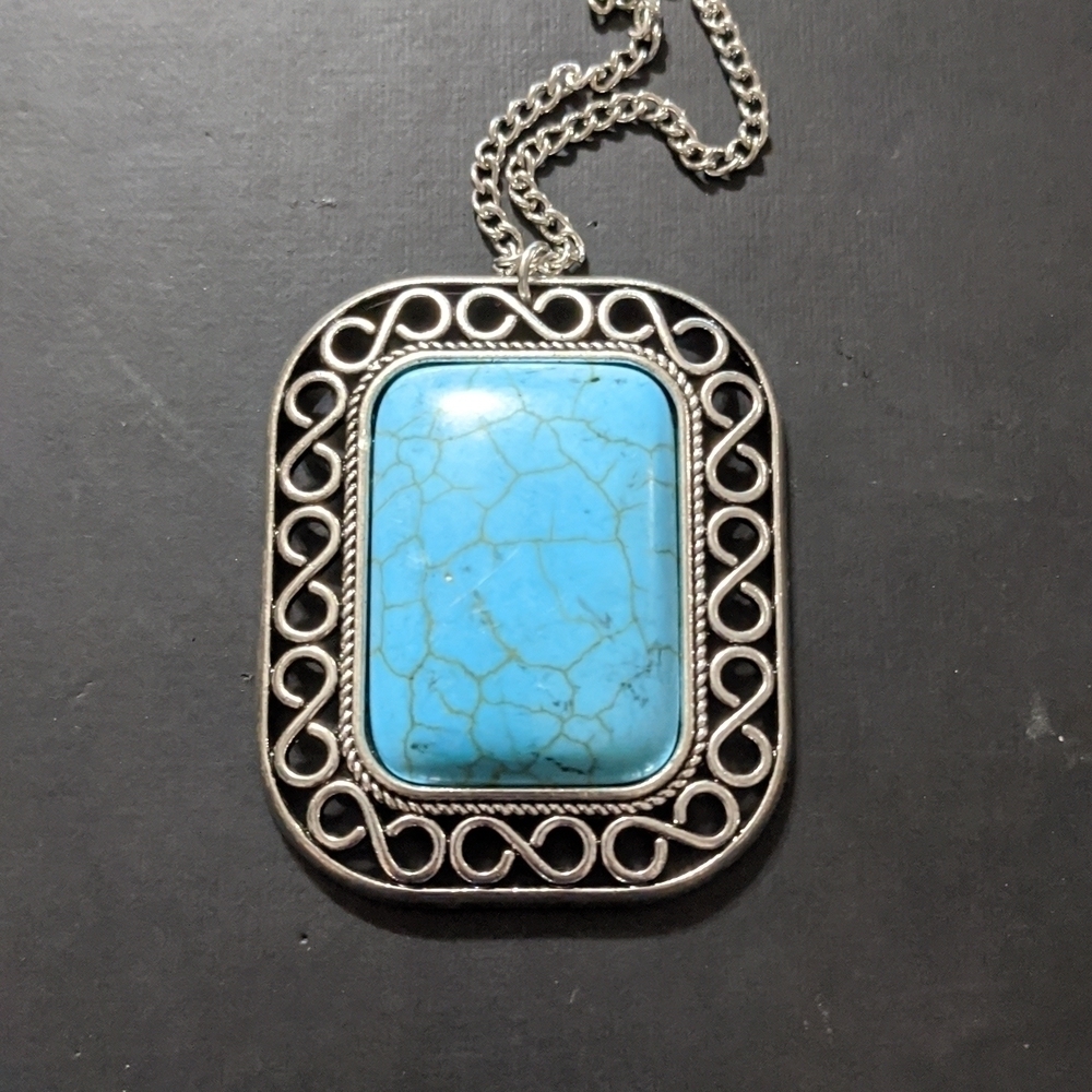 Silver Tone Faux Turquoise Blue Rectangular Filagree Pendant Long Necklace